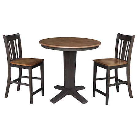 International Concepts 36 in. Solid Wood Round Extension Dining Table with 2 Counter Height Stools in Hickory/Washed Coal K45-36RXT-23B-S102-2